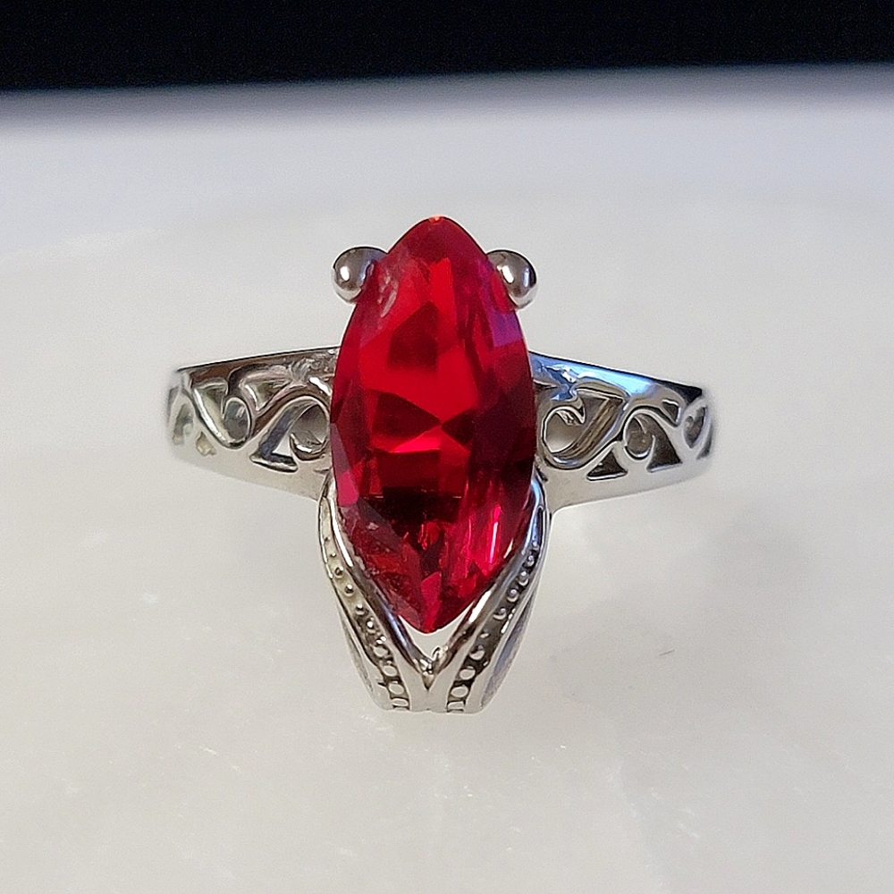 Faux Ruby Marquise Cocktail Ring Silver Tone